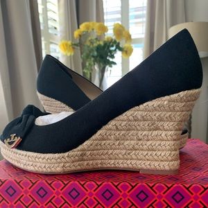 Tory Burch black peep toe wedge espadrille